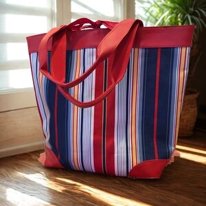 Lancome Red, Navy and White Striped Tote Bag
